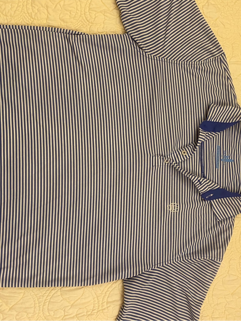 johnnie-O Blue and White Striped Polo with Surf Logo